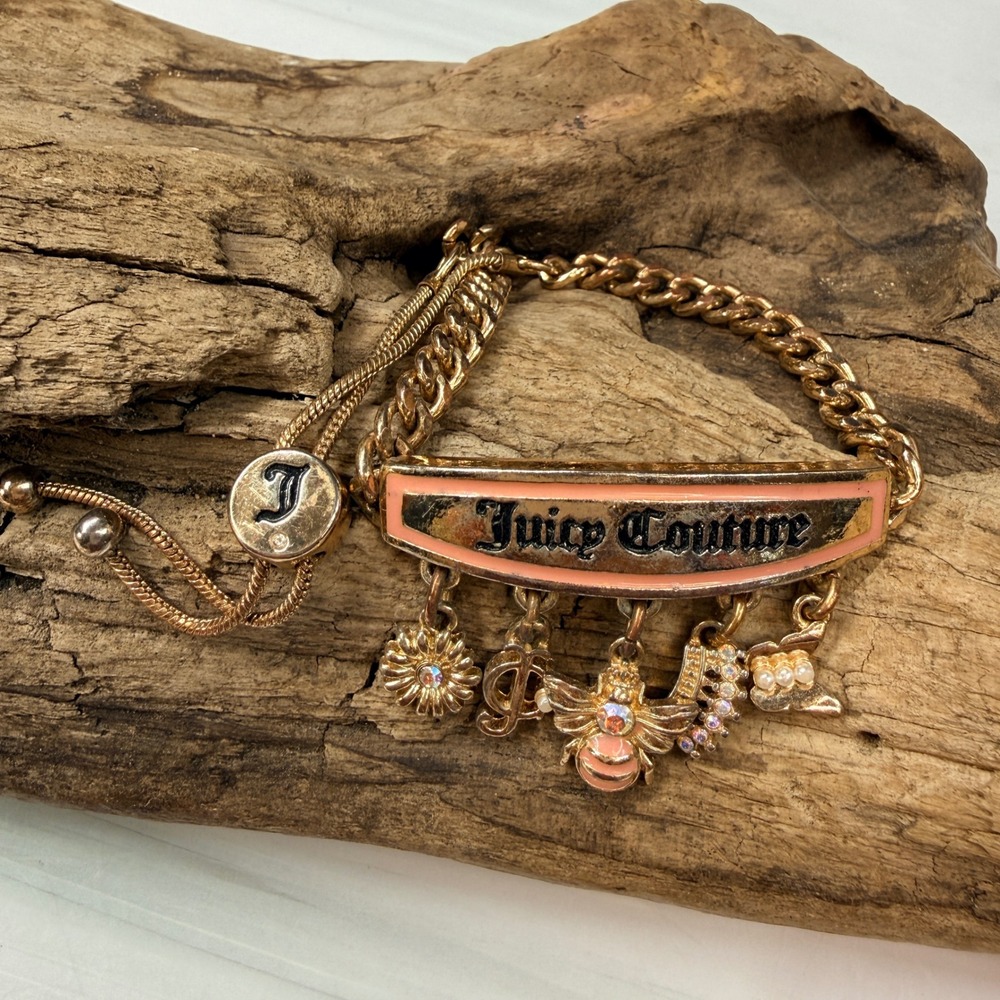 Juicy Couture Gold Tone Pink Enamel Logo Charm Slider Bracelet Bee Crown Flower